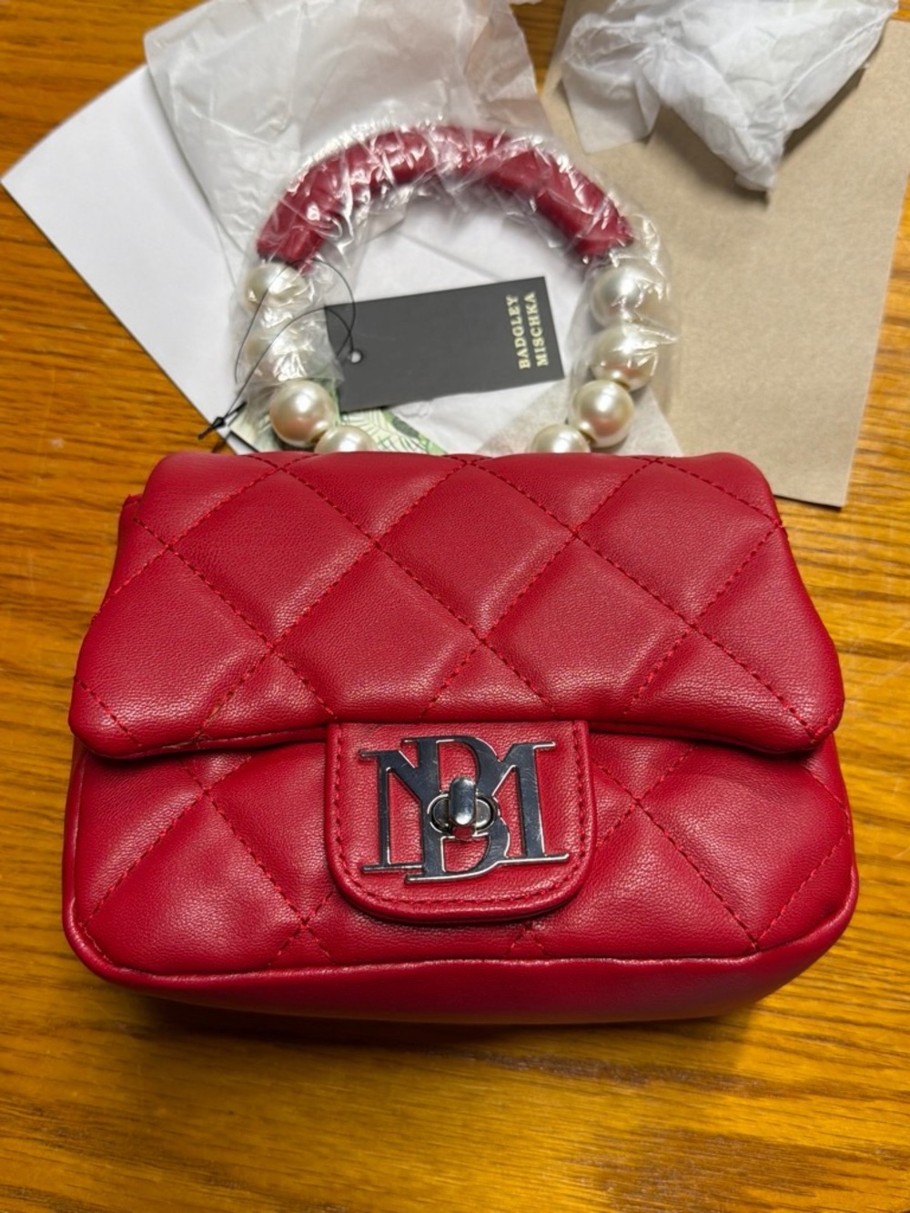 Badgley Mischka Quilted Red Mini Bag with Pearl Top Handle